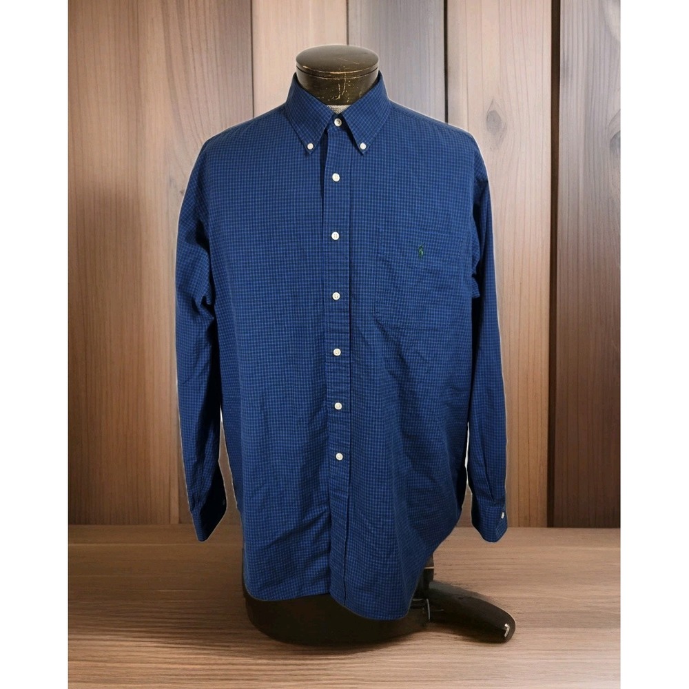 Vintage Ralph Lauren Shirt Mens XL Blue Checked Made‎ In Hong Kong Classic Fit
